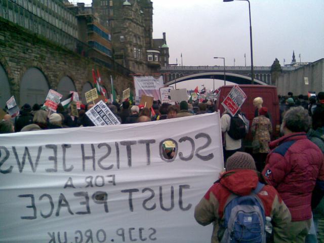 View of Gaza protest from behind Scottish Jews for a Just Peace