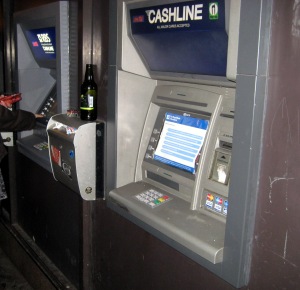 Campaigining poster on screen of RBS ATM on North Bridge on 27 January 2012
